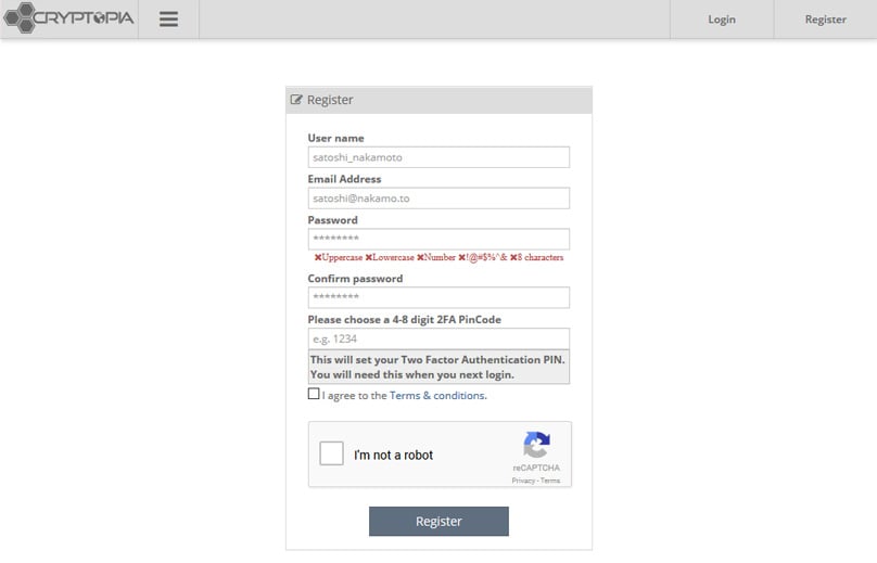 Cryptopia Signup