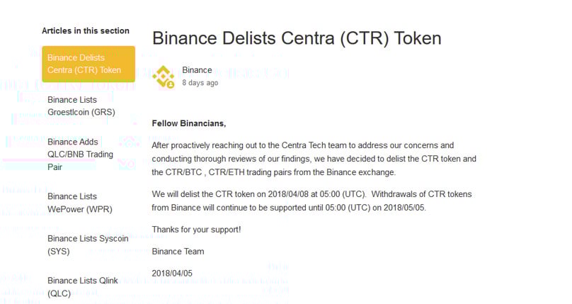 Binance Delists
