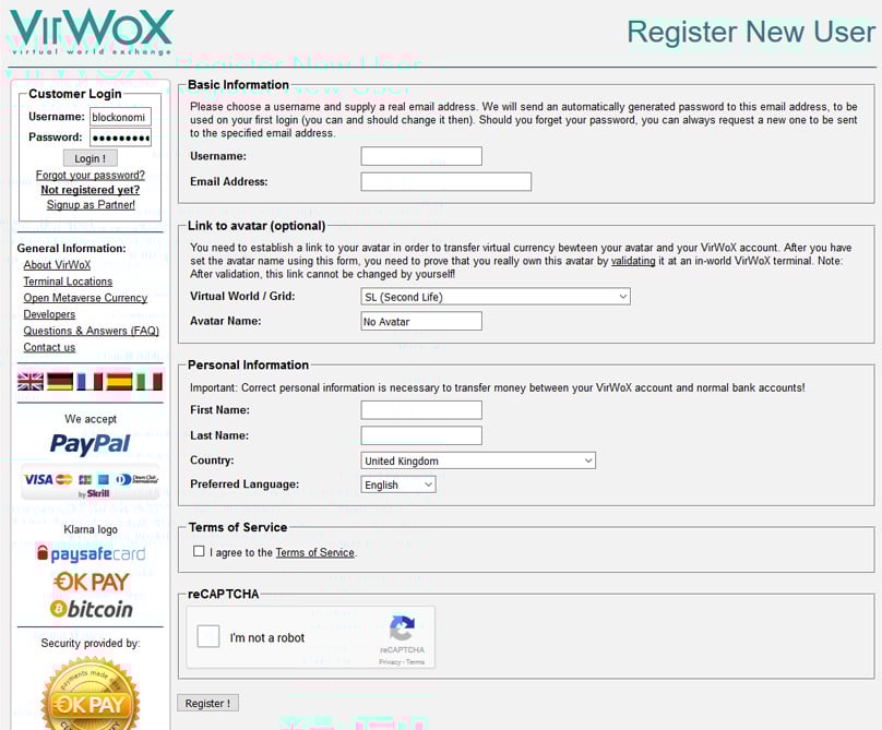 VirWox Signup