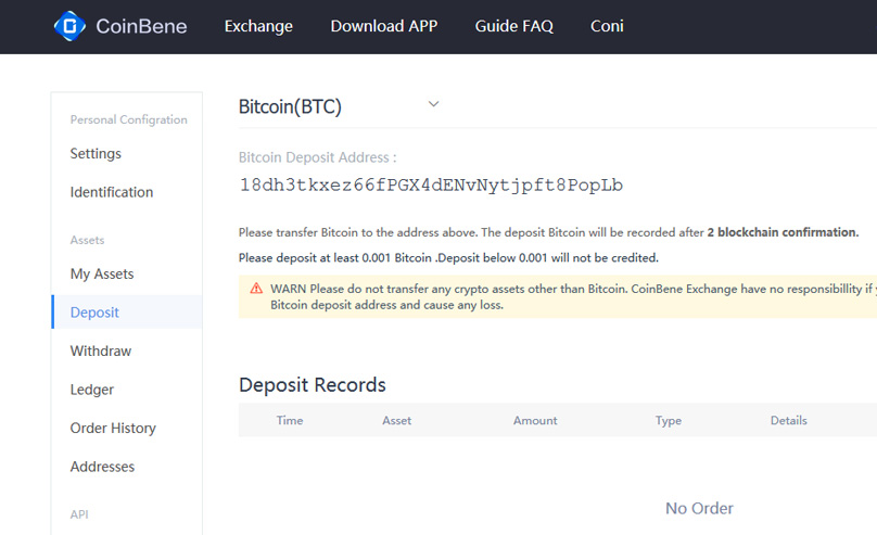 CoinBene Deposits