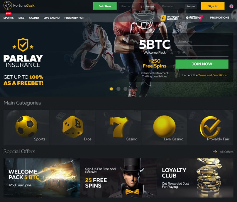 The FortuneJack homepage