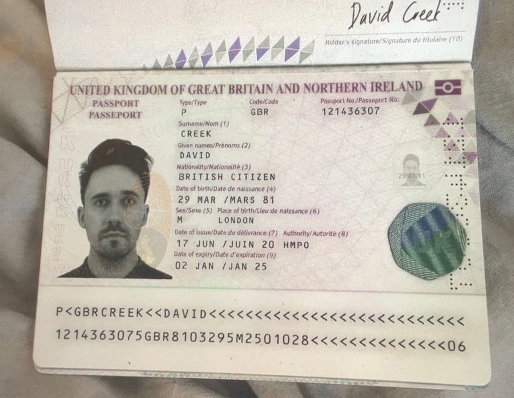 The counterfeit passport crafted by David Cox, taken from 404