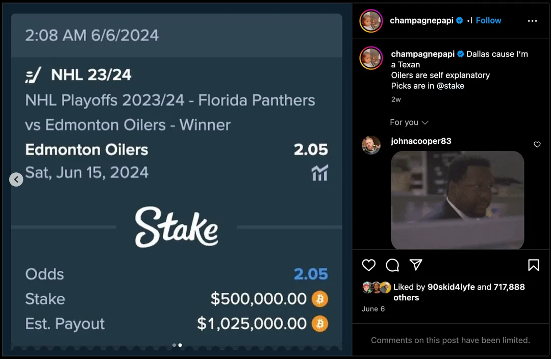 Drake's Investment at Stake.com, Source: Instagram