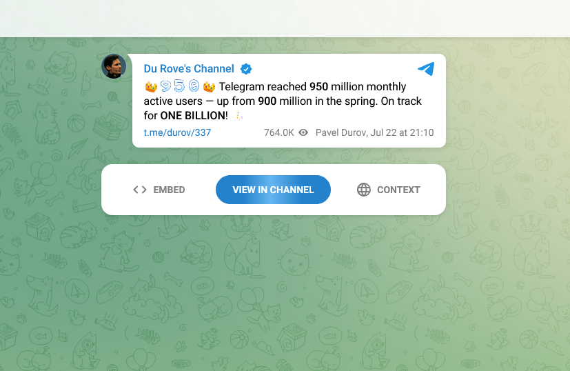Pavel Durov, CEO of Telegram, shares the milestone of 950 million monthly users.