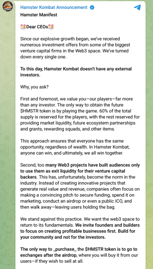 The announcement made on Telegram