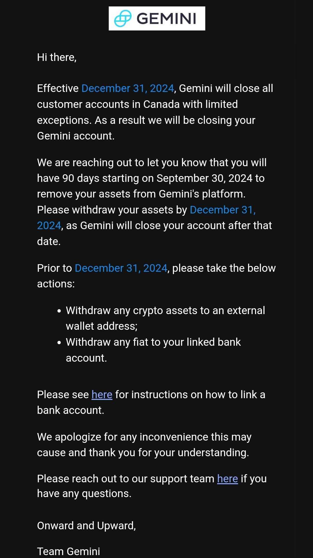 Canadian customers were proactively notified by Gemini.