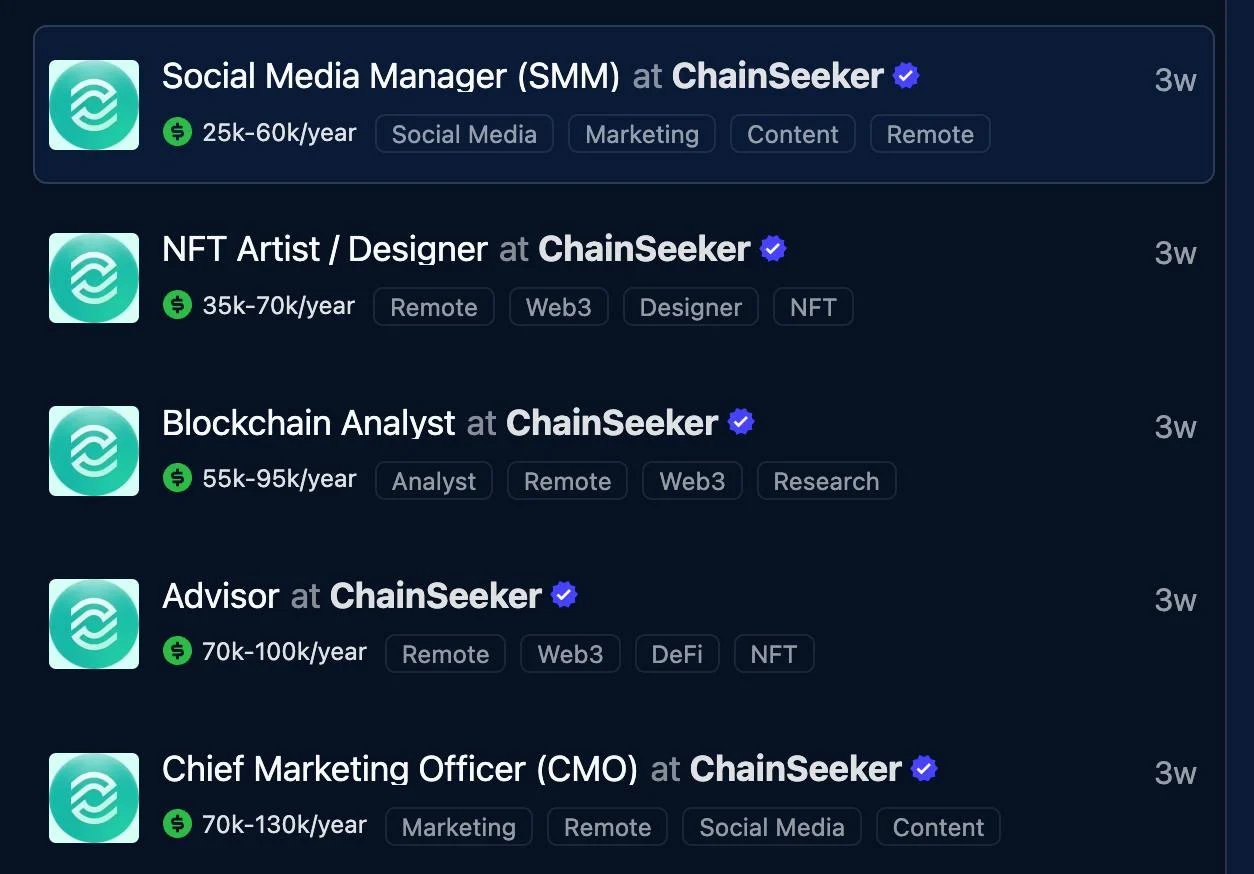 Platform listings for ChainSeeker were advertised on CryptoJobsList, according to Choy.