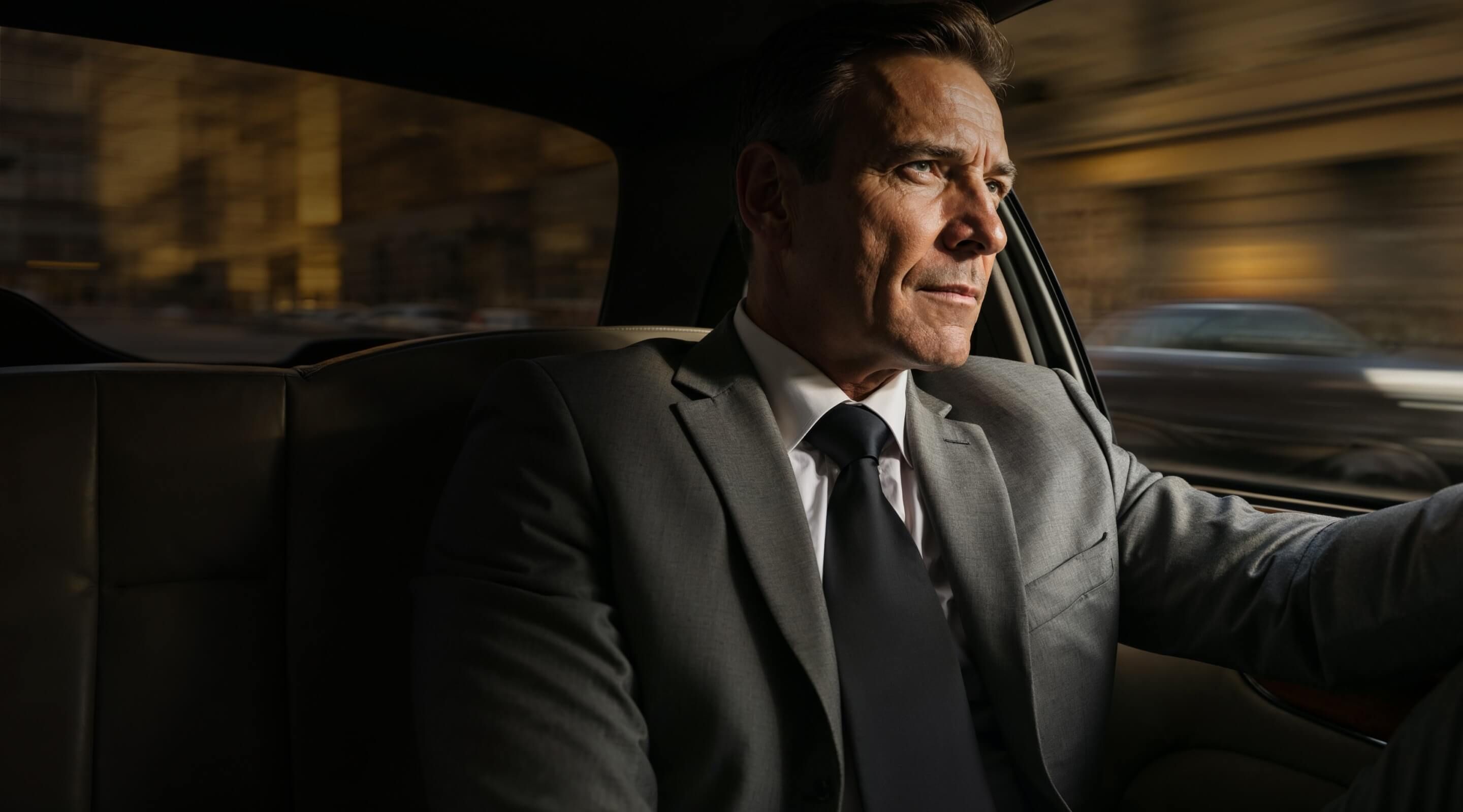 A businessman in formal attire navigating the city in a car.